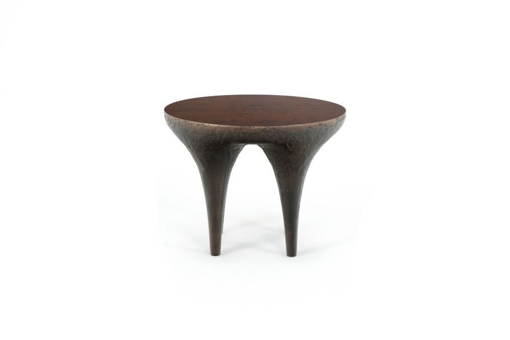 Taurus side table with Volcanic textured bronze color and high gloss walnut root top