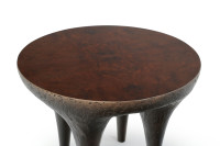 Taurus side table with Volcanic textured bronze color and high gloss walnut root top