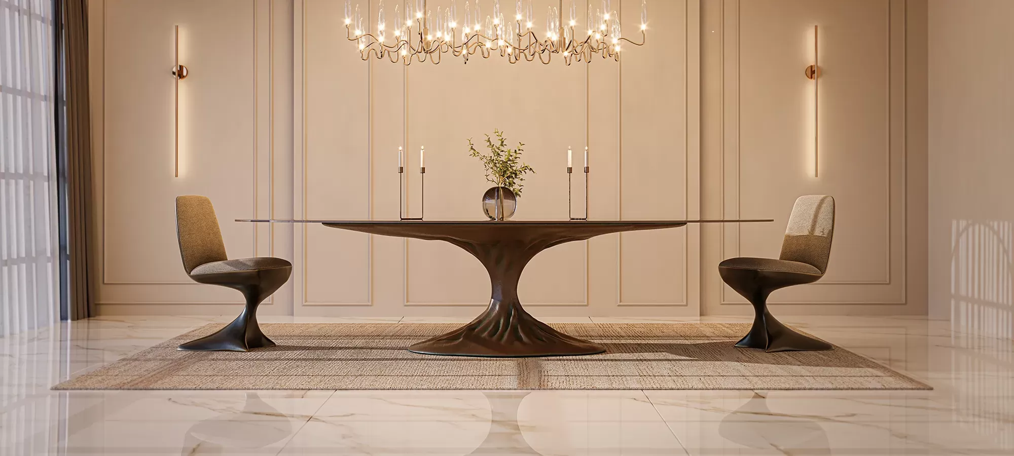 Modern living room showcasing Bonsai dining table and Alyna chairs