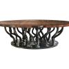 Allana coffee table with walnut root top and brass color base