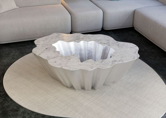 Gaia coffee table with silver leaf finish and carrara marble top