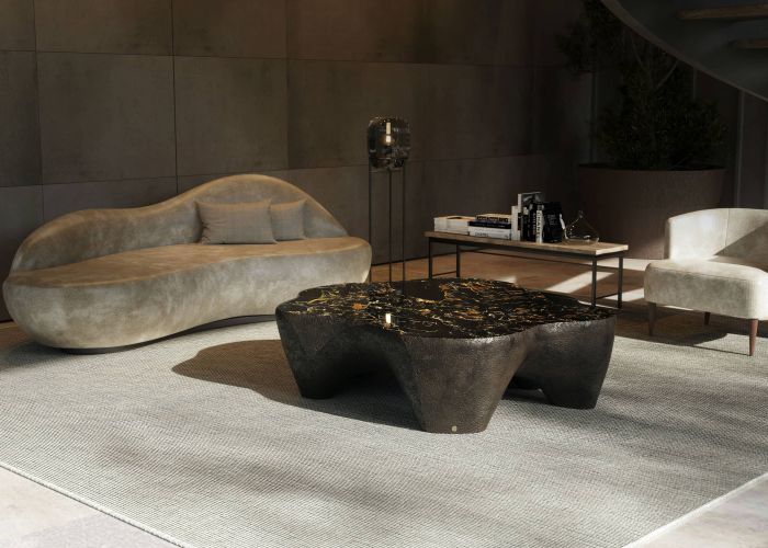 Odyssey coffee table in volcanic finish and portoro brecciato marble top